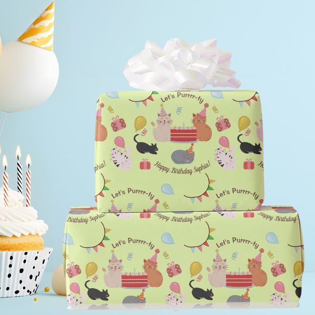 Cute Kitty Cats Let's Purrrr-ty Kid's Birthday Wrapping Paper (Creator Uploaded)