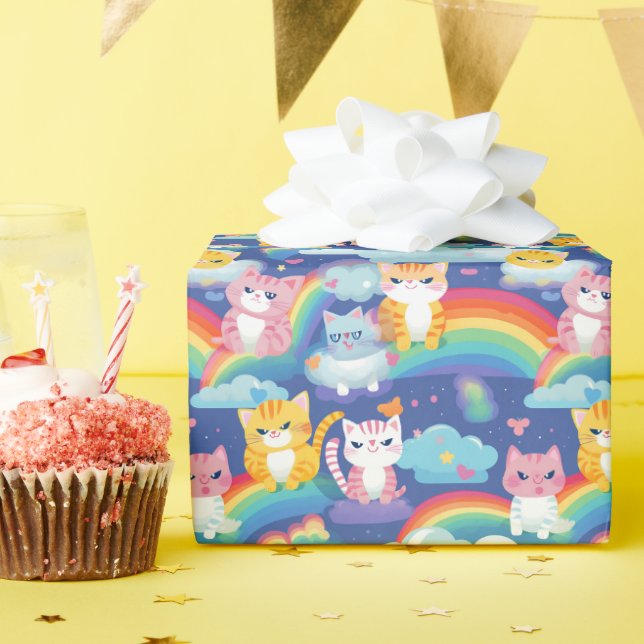 Cute Kitty Cats on Rainbows Fun Birthday Wrapping Paper (Birthday Party)