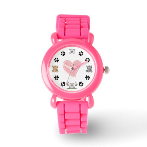 Cute Kitty Cats Paw Prints and Pink Heart Watch