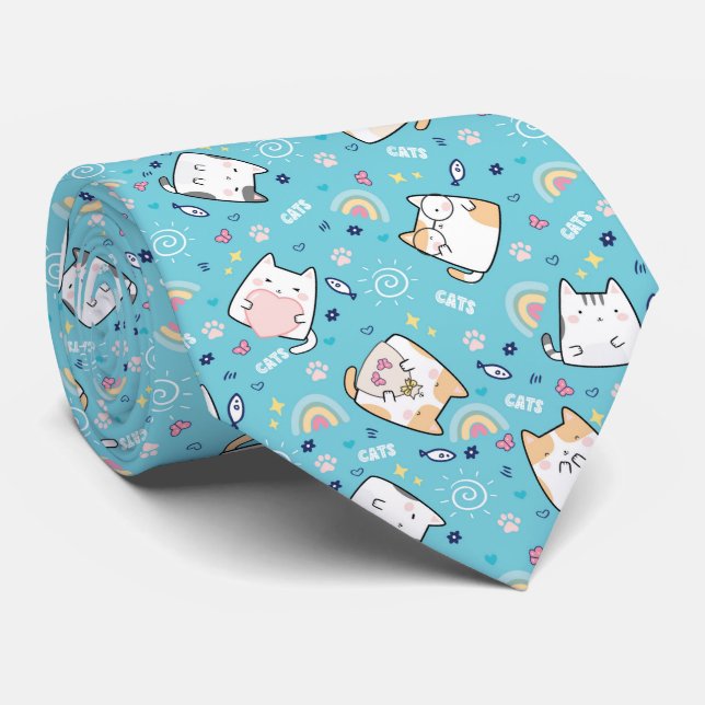 Cute Kitty Cats Whimsical Pattern Neck Tie (Rolled)