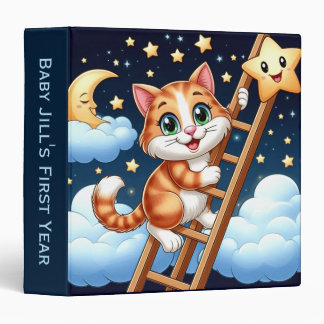 Cute Kitty Climbs Ladder to the Moon 3 Ring Binder