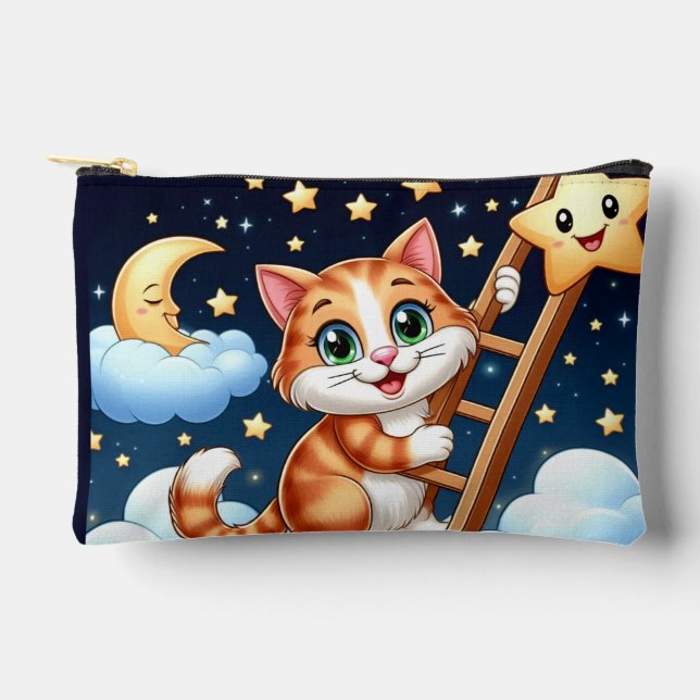 Cute Kitty Climbs Ladder to the Moon  Accessory Pouch (Front)
