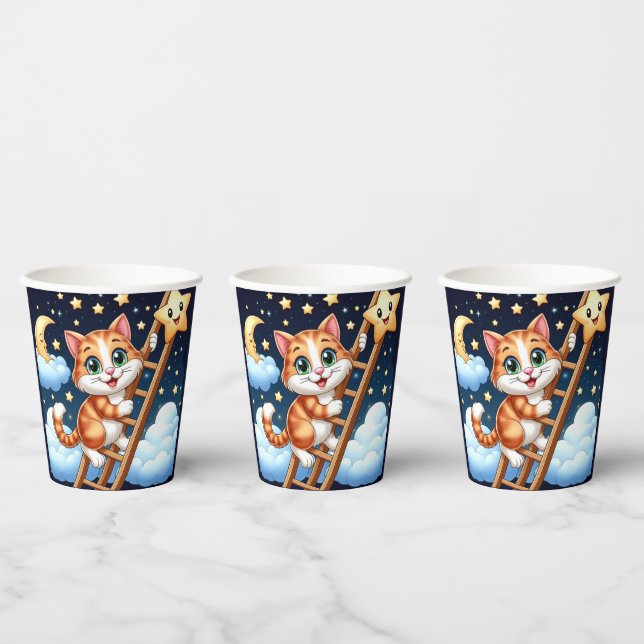 Cute Kitty Climbs Ladder to the Moon  Paper Cups (Multi)