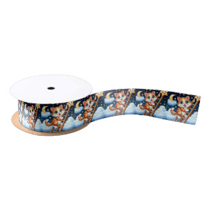 Cute Kitty Climbs Ladder to the Moon Satin Ribbon