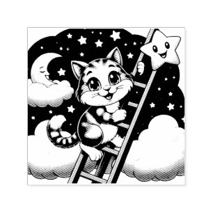 Cute Kitty Climbs Ladder to the Moon Self-inking Stamp