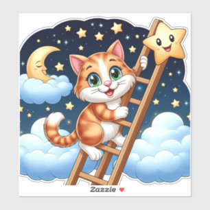 Cute Kitty Climbs Ladder to the Moon  Sticker