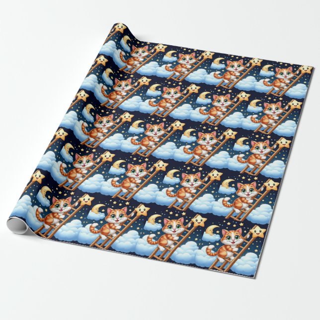 Cute Kitty Climbs Ladder to the Moon  Wrapping Paper (Unrolled)