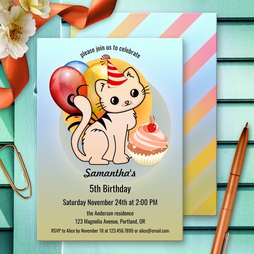 Cute Kitty Cupcake Child Birthday Invitation
