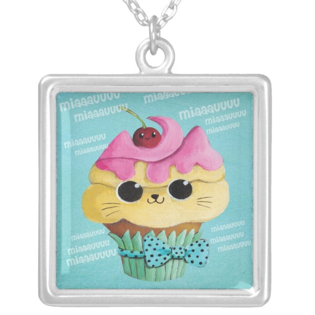 Cute Kitty Cupcake Silver Plated Necklace (Front)