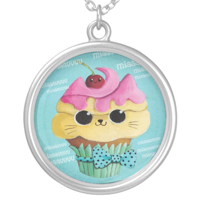 Cute Kitty Cupcake Silver Plated Necklace (Front)