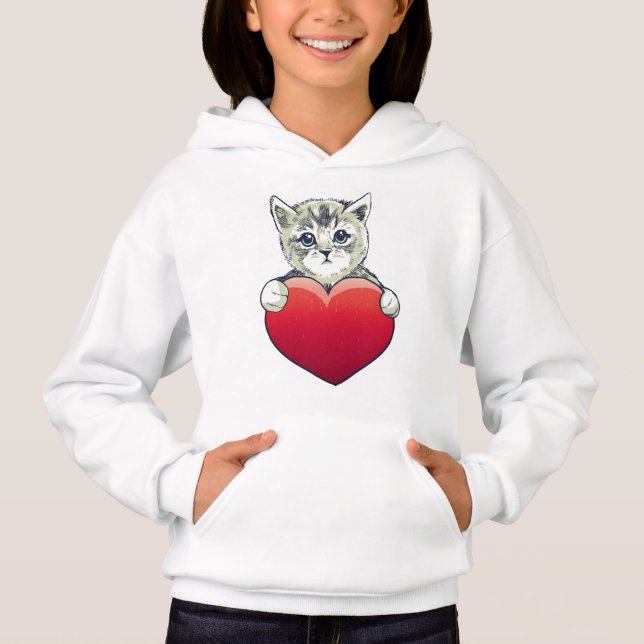 Cute Kitty Face Cat Red Heart Hoodie (Front)