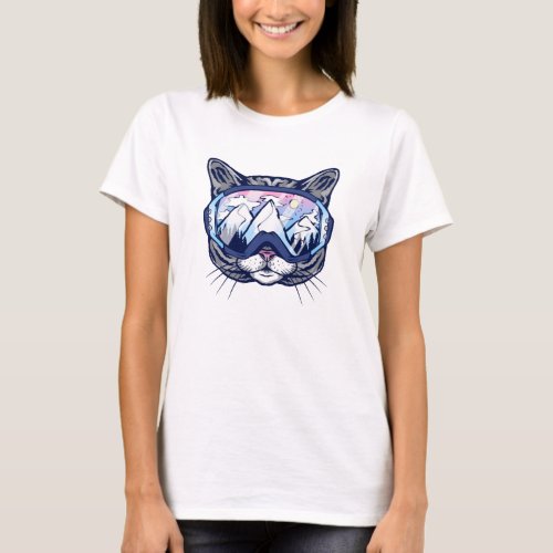 Cute Kitty Face Cat with Ski Glasses T_Shirt