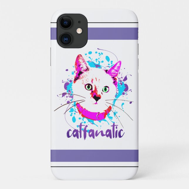 Cute Kitty Face Hot Pink Blue Cat Fanatic Case-Mate iPhone Case (Back)