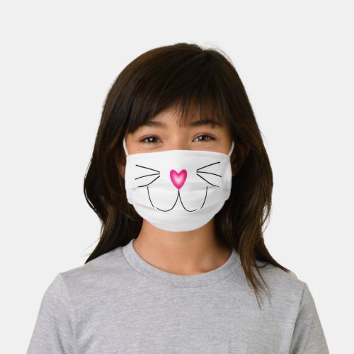 Cute Kitty Face with Pink Heart Nose  Whiskers Kids Cloth Face Mask