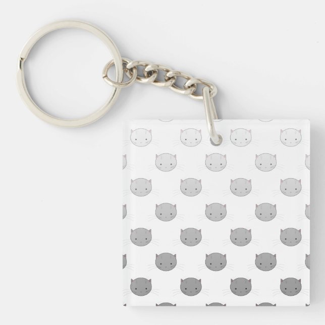 Cute Kitty Faces in Black White Grey Keychain (Front)