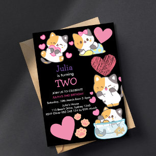 Cute kitty girls 2nd birthday black invitation
