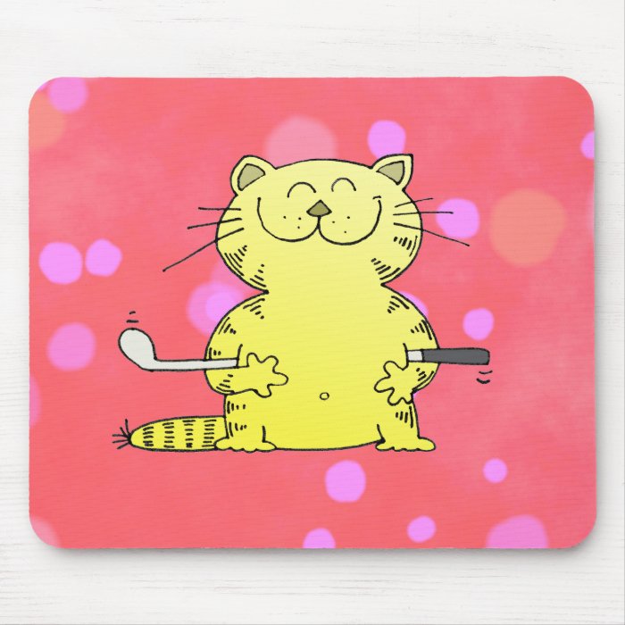 Cute Kitty Golfer Red Back Ground Mouse Mats