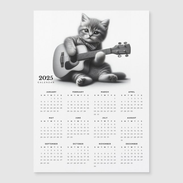 Cute Kitty Guitarist Bow Tie 2025 Magnet Calendar (Front)