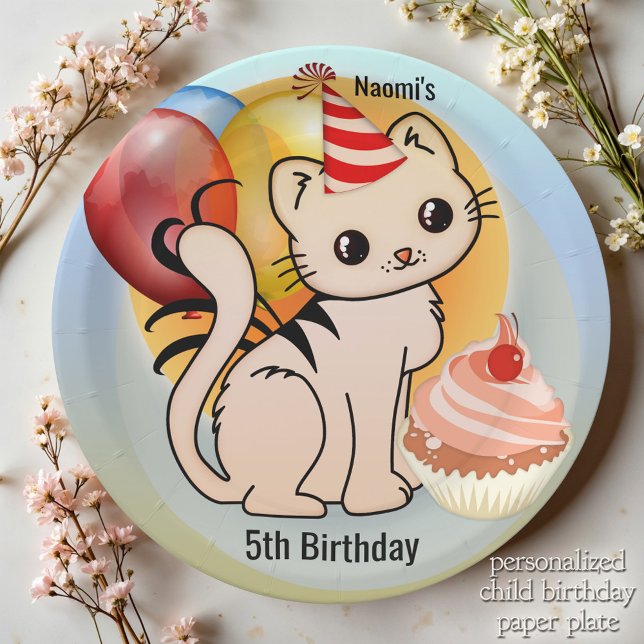 Cute Kitty Happy Child Birthday  Paper Plates (Cute kitty festive child birthday paper plates featuring a kitten with balloons and a cupcake. )