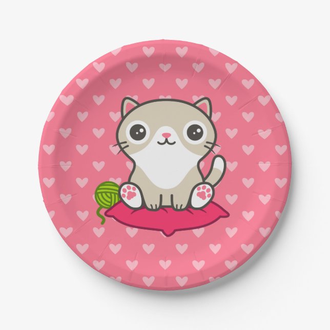 Cute Kitty Illustration Paper Plates (Front)