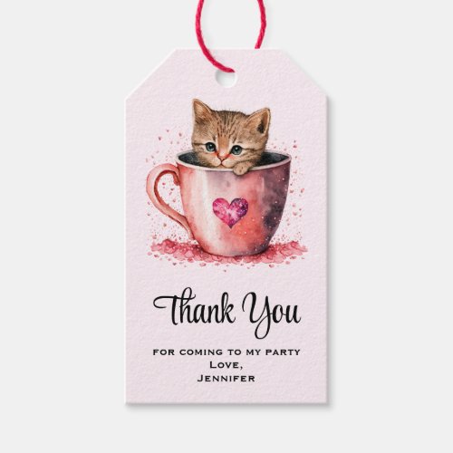 Cute Kitty in a Teacup with Hearts Party Thank You Gift Tags