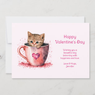 Cute Kitty in a Teacup with Hearts Valentine's Day Holiday Card