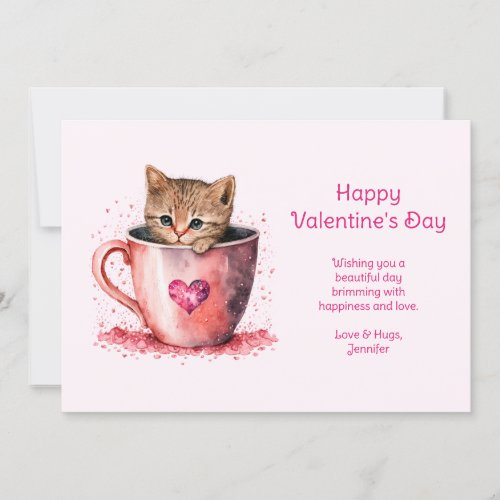 Cute Kitty in a Teacup with Hearts Valentines Day Holiday Card