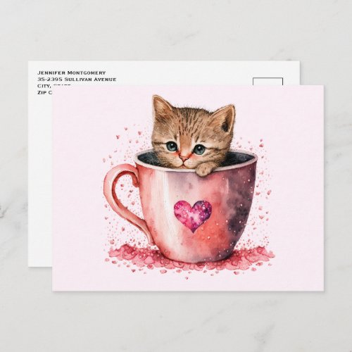 Cute Kitty in a Teacup with Hearts Valentines Day Holiday Postcard