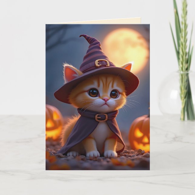 Cute kitty in a witch costume, Halloween  Card (Front)