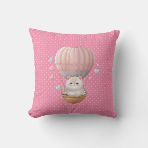 Cute Kitty In Balloon Pink Polka Dots Valentine Throw Pillow