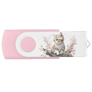 Cute Kitty In Pink Flowers Flash Drive
