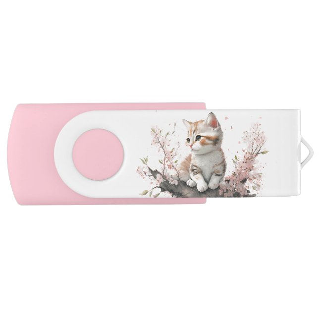 Cute Kitty In Pink Flowers Flash Drive (Front)