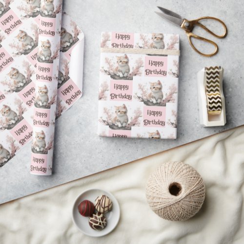 Cute Kitty In Pink Flowers Wrapping Paper