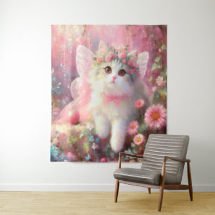 Cute Kitty in Roses and Flowers Paint Tapestry