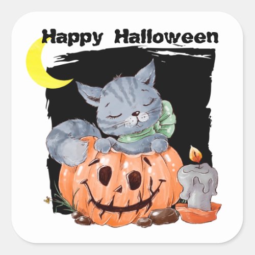 Cute Kitty Jack o Lantern Kids Halloween Square Sticker