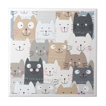 Cute kitty kitten cat blue grey pattern ceramic tile