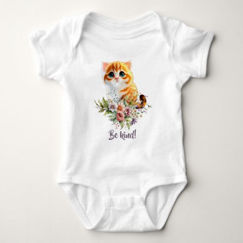 Cute kitty looking up with watercolor flowers baby bodysuit