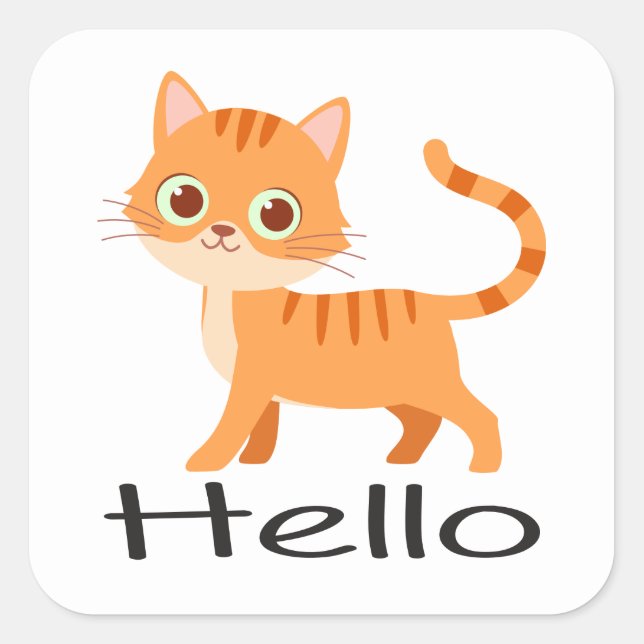 Cute Kitty Orange Tabby Kitten Cartoon Hello Cat Square Sticker (Front)
