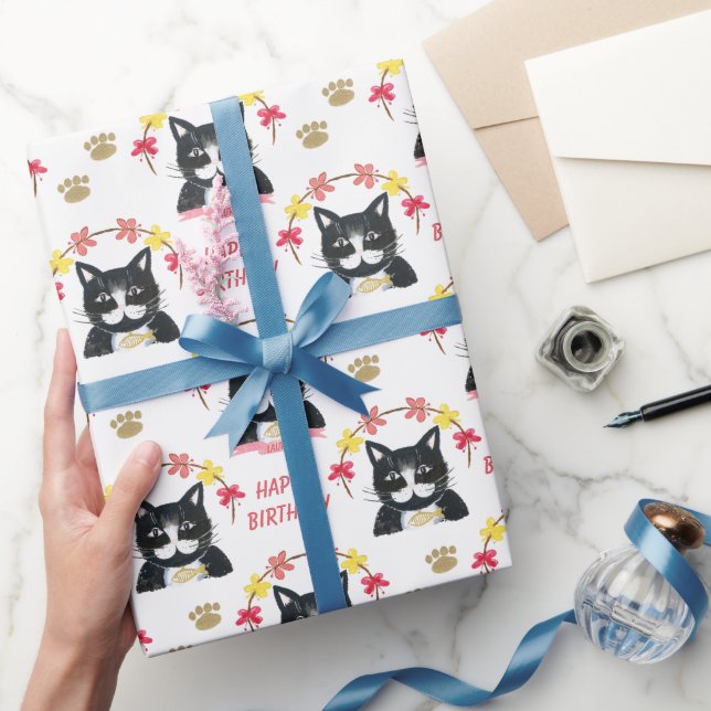 Cute Kitty Pink and Black Happy Birthday Wrapping Paper (Gifting)