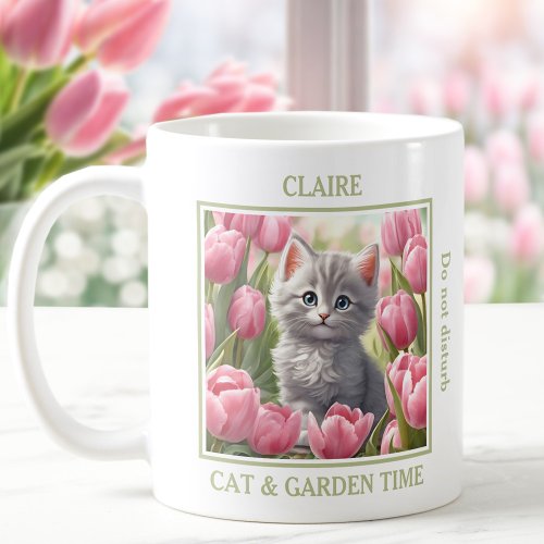 Cute Kitty Pink Tulips Cat Lover Name Spring Coffee Mug