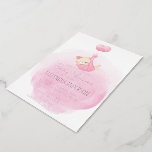 Cute kitty pink watercolor for baby girl Shower Foil Invitation