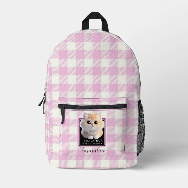 Cute kitty pink white plaid personalize  printed backpack (Front)