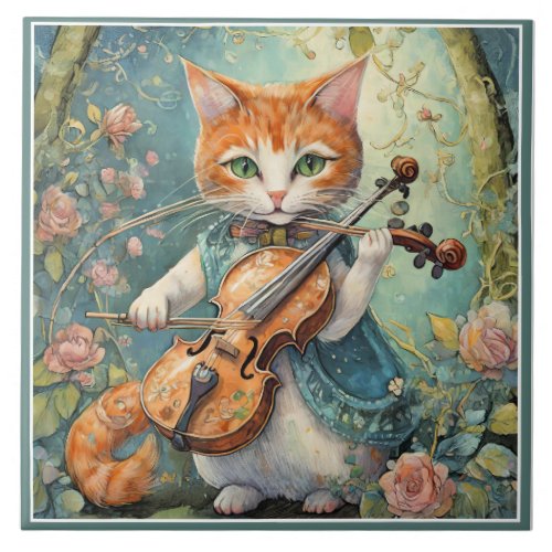 Cute Kitty Playing the Violin Ceramic Tile