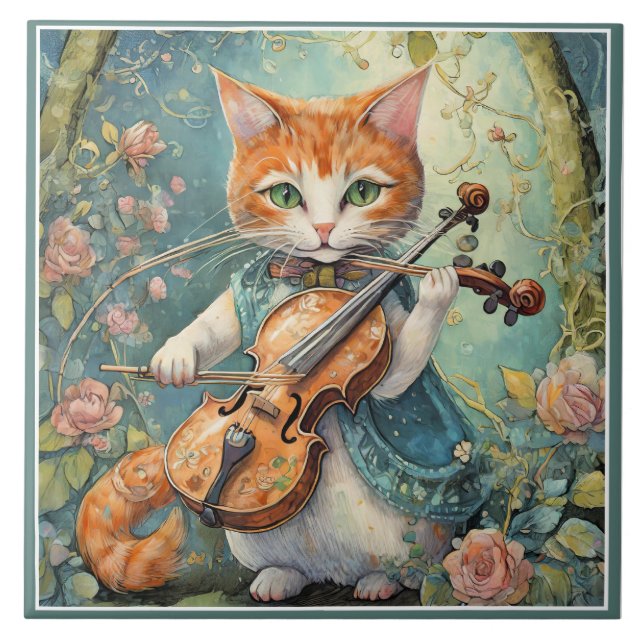 Cute Kitty Playing the Violin Ceramic Tile (Front)