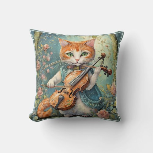 Cute Kitty Playing the Violin Throw Pillow