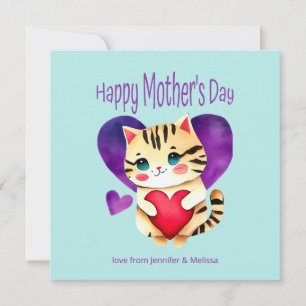 Cute Kitty Purple Red Heart Mother's Day Card