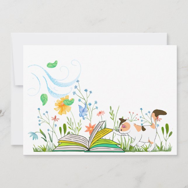 Cute Kitty Reading in the Garden Invitation (Front)