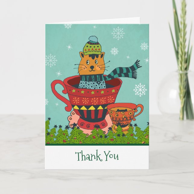 Cute Kitty Sitting in a Teacup Christmas Thanks Card (Front)