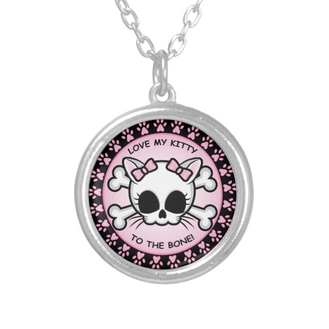 Cute Kitty Skull Silver Plated Necklace (Front)
