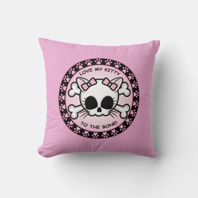 Cute Kitty Skull Throw Pillow (Front)